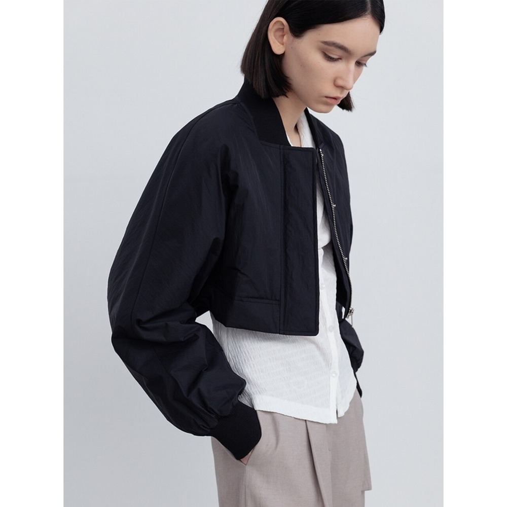 TWEE In Seoul Black Cropped Nylon Bomber Jacket S/M Streetwear Minimalist Urban